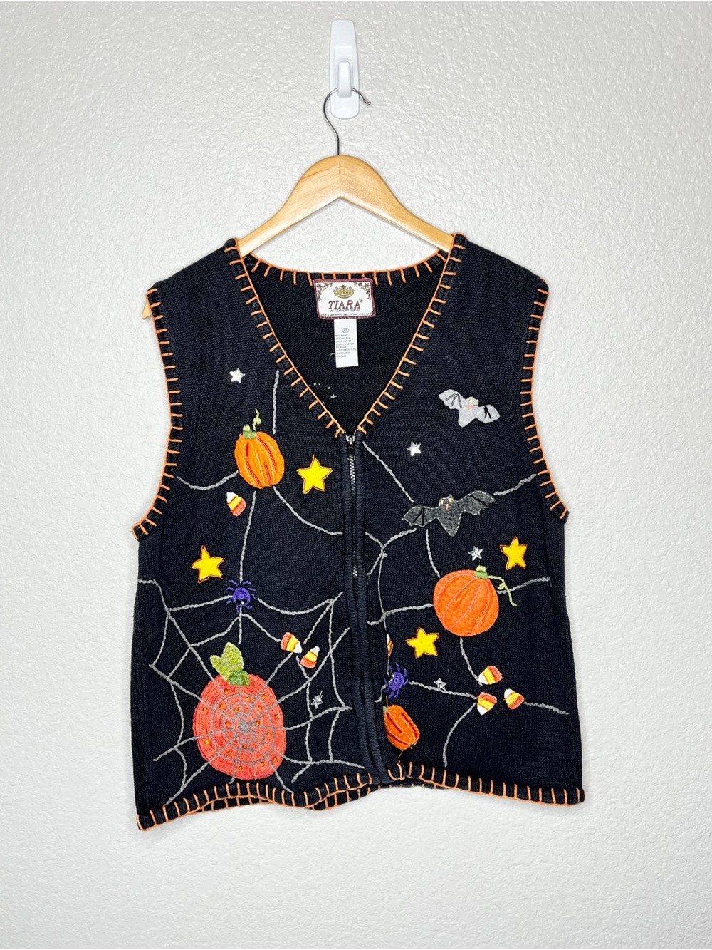 Vintage Tiara 2003 Y2K Halloween Sweater Vest Zip XL Pumpkin Spiderweb Bat Candy